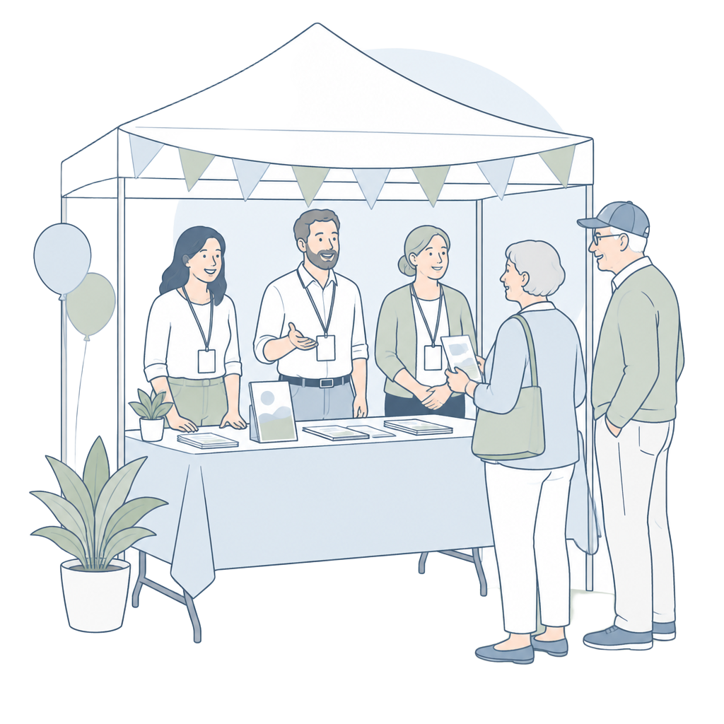 Line illustration of our team and psychotherapists welcoming community members at a festival information tent